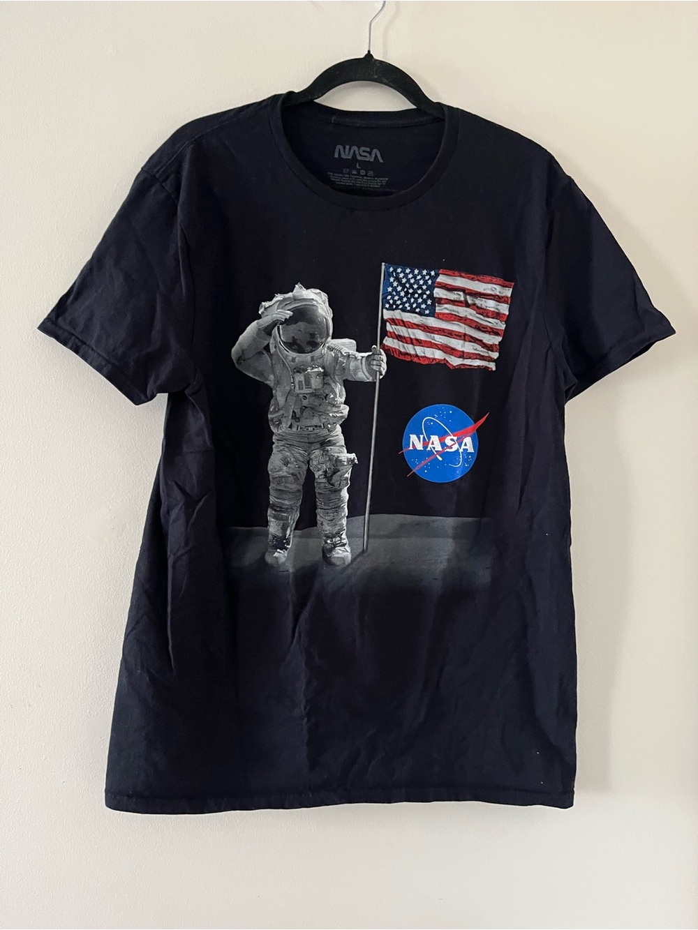 NASA Astronaut American Flag Black Graphic T Shirt Large Space Tee